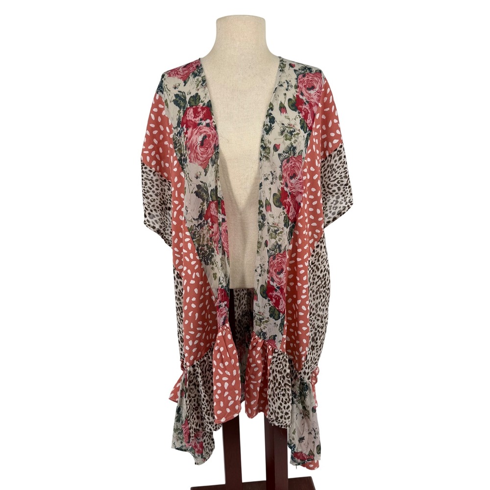 Umgee Mixed Print Kimono‎ Cardigan Womens M/L Multicolor Good Ruffle Floral Boho